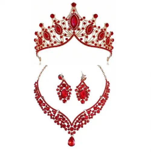 Conjunto Coroa Colar e Brincos Debutante, Festa, Vermelho