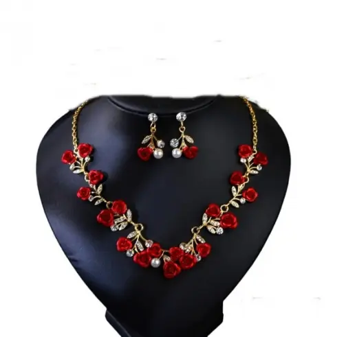 Conjunto Colar Brincos Luxo Noiva Miss Festa Vermelho Flor