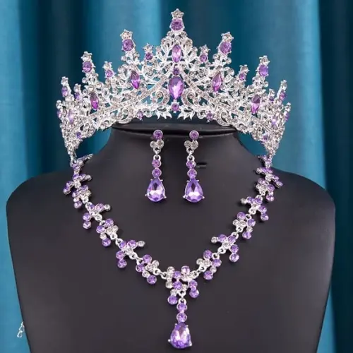 Conjunto Coroa Tiara com Colar Brinco Noiva Miss Prata Lilas