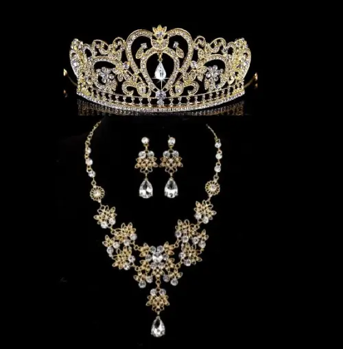 Conjunto Tiara Colar e Brinco Cabelo Noiva Dourado Luxo 051