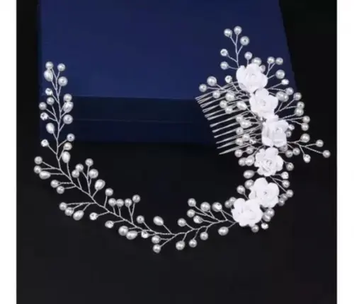 Acessório de Cabelo para Noivas Branco com Prata Flores