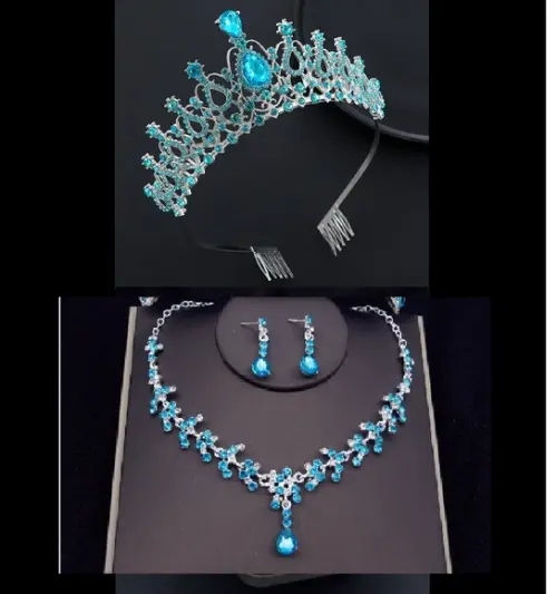 Conjunto Coroa Colar e Brinco Azul Claro com Prata Debutante