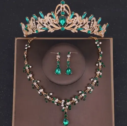 Kit Coroa Tiara com Colar Brinco Noiva Miss Debutante Verde