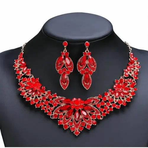 Conjunto Colar Brinco Vermelho Cristais Strass Festa Luxo