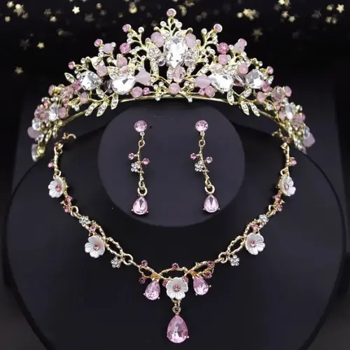 Conjunto Tiara Noiva Dourada Rosa Leitosa Colar e Brincos