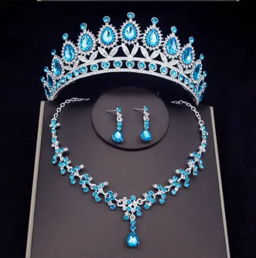 Tiara Colar Brinco Noiva Debutante Casamento Prata Azul