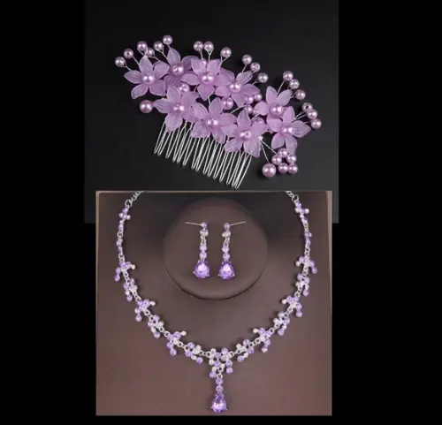 Conjunto Acessório Cabelo Colar Ebrincos Lilas com Prata