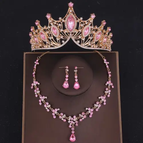 Conjunto Tiara Colar e Brincos Noiva Debutante Alta Rosa