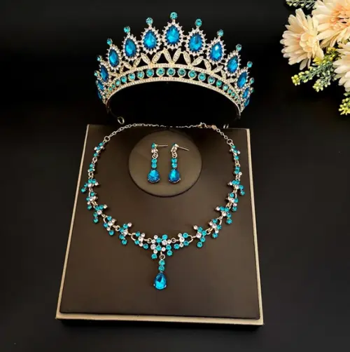 Tiara Colar Brinco Noiva Debutante Casamento Dourada Azul