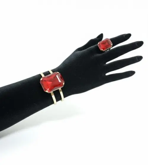 Conjunto Pulseira Bracelete Anel Dourado Vermelho Luxo