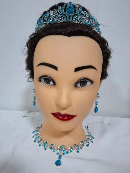 Conjunto Tiara Colar e Brincos Azul com Prata Miss Daminha