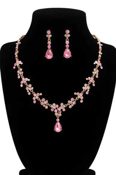 Conjunto Colar e Brincos Rosa com Dourado Miss Dama 15 Anos