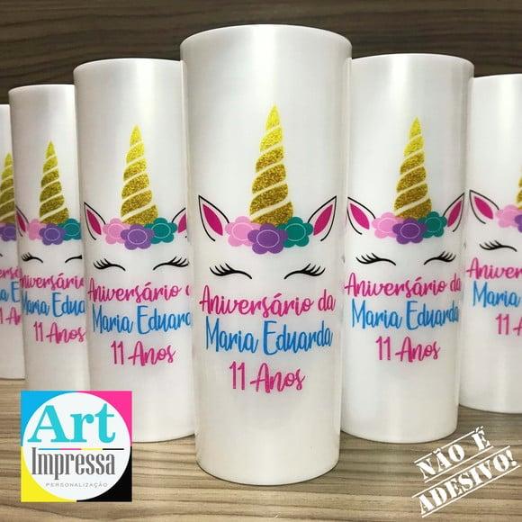 Copo Long Drink Perolado Personalizado Unicórnio Lembrancinha Fe