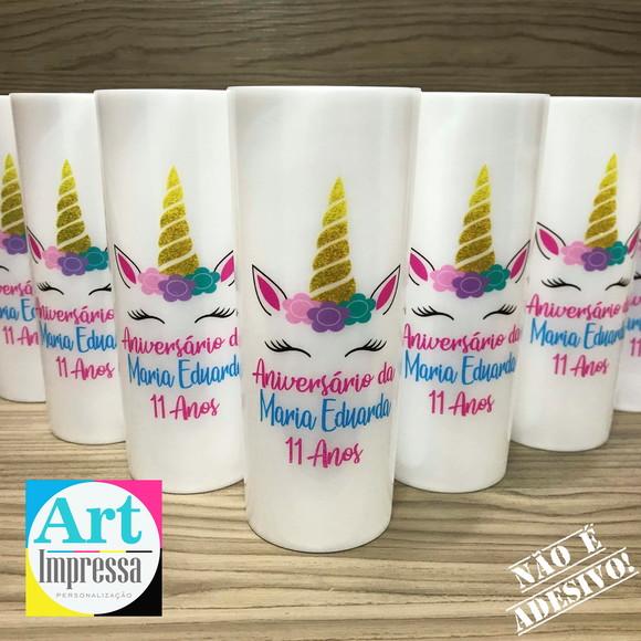Copo Long Drink Perolado Personalizado Unicórnio Lembrancinha Fe
