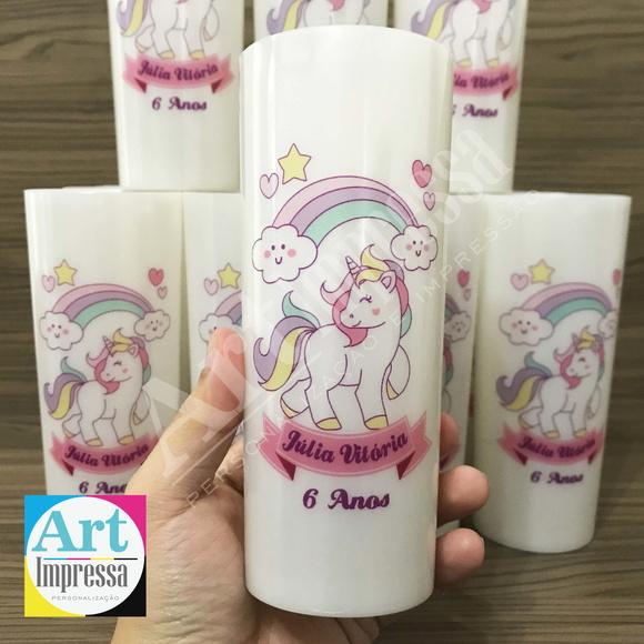 Copo Long Drink Perolado Personalizado Unicórnio Lembrancinha Fe