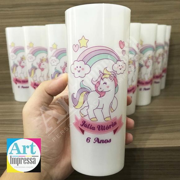 Copo Long Drink Perolado Personalizado Unicórnio Lembrancinha Fe
