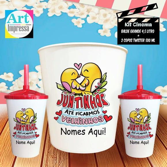 Kit Cinema Casal Bem Juntinhos Até Ficar Velhinhos Balde + 2 Cop