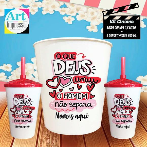 Kit Cinema Casal O Que Deus Uniu Ninguém Separa Balde + 2 Copos