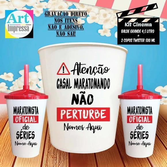 Kit Cinema Casal Maratonando Não Perturbe Balde 4,5L + 2 Copos