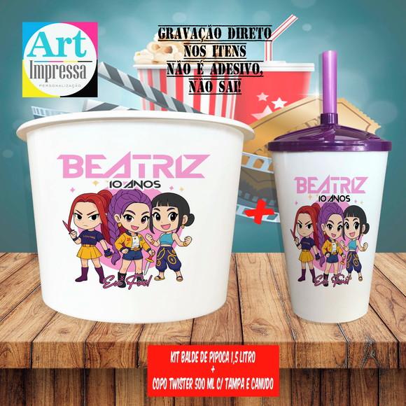 Kit Cinema Lembrancinha Guerreira do K-pop Balde 1,5L + Copo Twis
