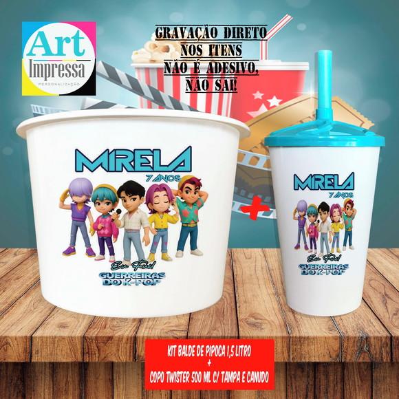 Kit Cinema Lembrancinha Guerreira do K-pop Balde 1,5L + Copo Twis