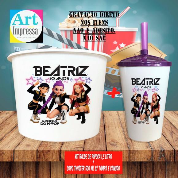 Kit Cinema Lembrancinha Guerreira do K-pop Balde 1,5L + Copo Twis
