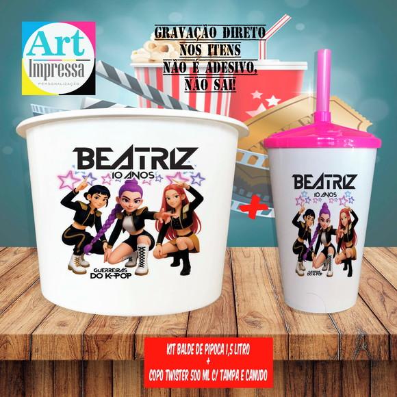 Kit Cinema Lembrancinha Guerreira do K-pop Balde 1,5L + Copo Twis