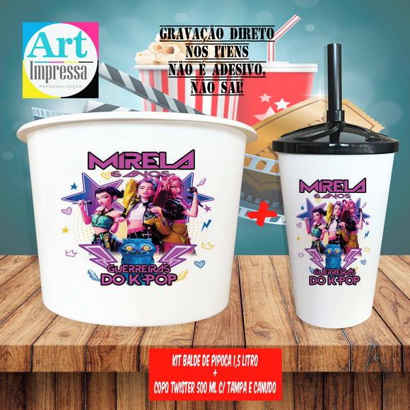 Kit Cinema Lembrancinha Guerreira do K-pop Balde 1,5L + Copo Twis