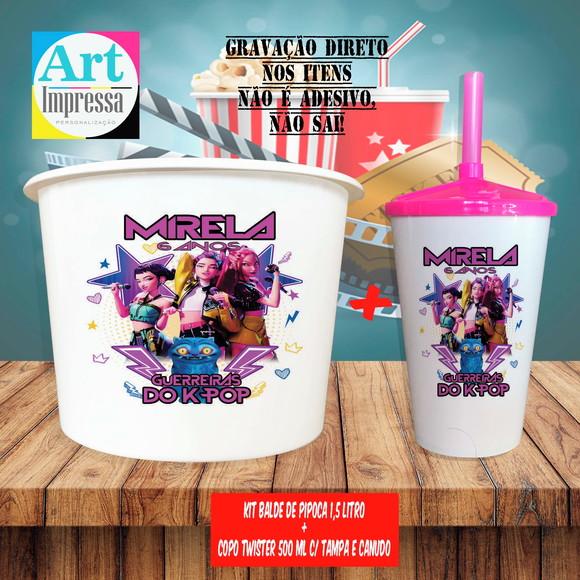 Kit Cinema Lembrancinha Guerreira do K-pop Balde 1,5L + Copo Twis