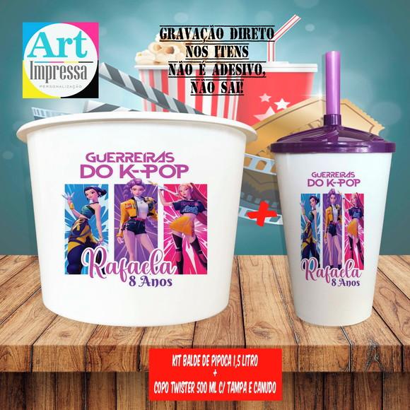 Kit Cinema Lembrancinha Guerreira do K-pop Balde 1,5L + Copo Twis