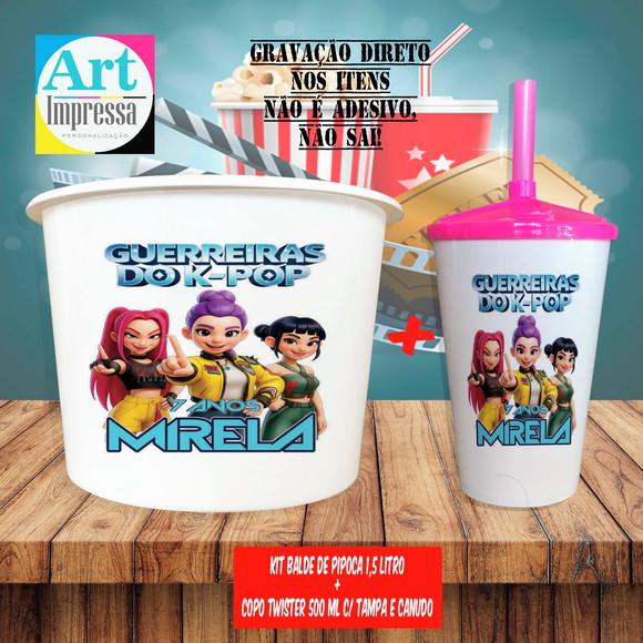 Kit Cinema Lembrancinha Guerreira do K-pop Balde 1,5L + Copo Twis
