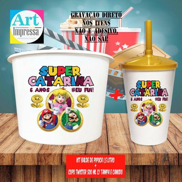 Kit Cinema Lembrancinha Super Mario Balde 1,5L + Copo Twister 500