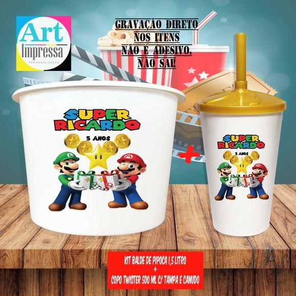 Kit Cinema Lembrancinha Super Mario Balde 1,5L + Copo Twister 500