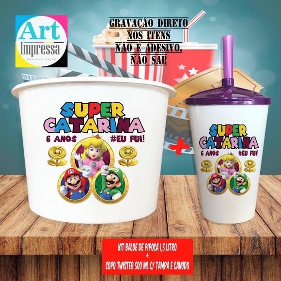 Kit Cinema Lembrancinha Super Mario Balde 1,5L + Copo Twister 500