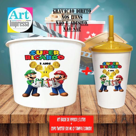 Kit Cinema Lembrancinha Super Mario Balde 1,5L + Copo Twister 500