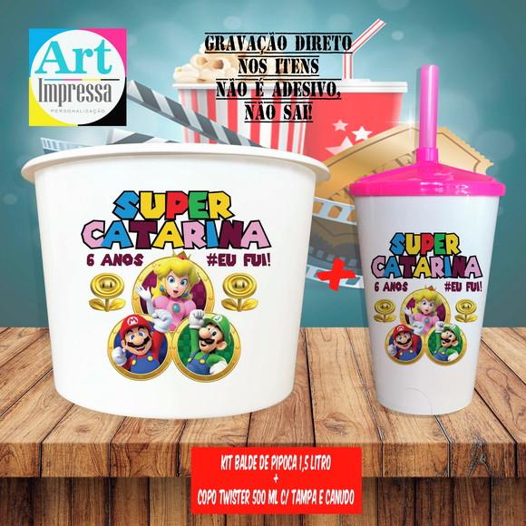 Kit Cinema Lembrancinha Super Mario Balde 1,5L + Copo Twister 500