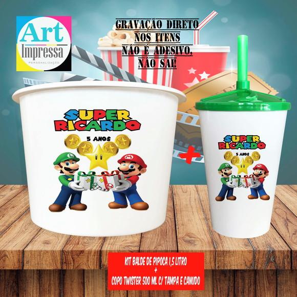 Kit Cinema Lembrancinha Super Mario Balde 1,5L + Copo Twister 500