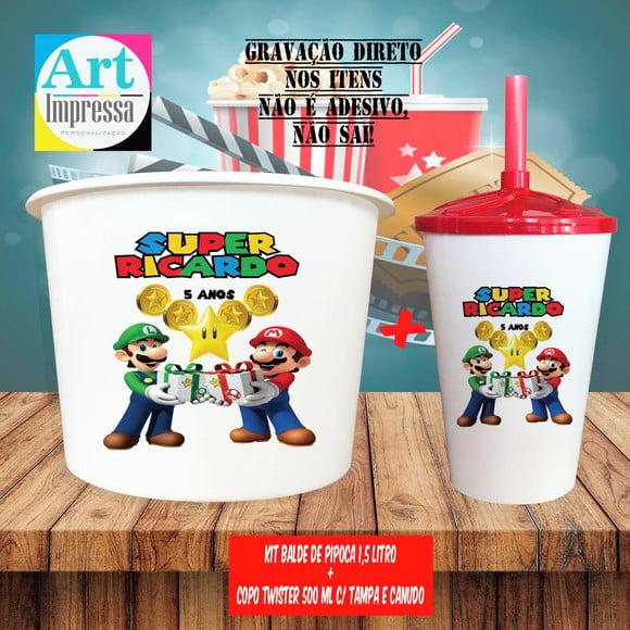 Kit Cinema Lembrancinha Super Mario Balde 1,5L + Copo Twister 500