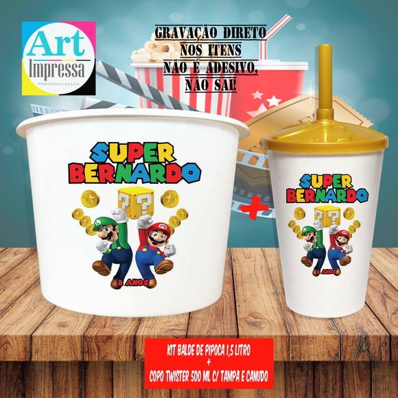Kit Cinema Lembrancinha Super Mario Balde 1,5L + Copo Twister 500