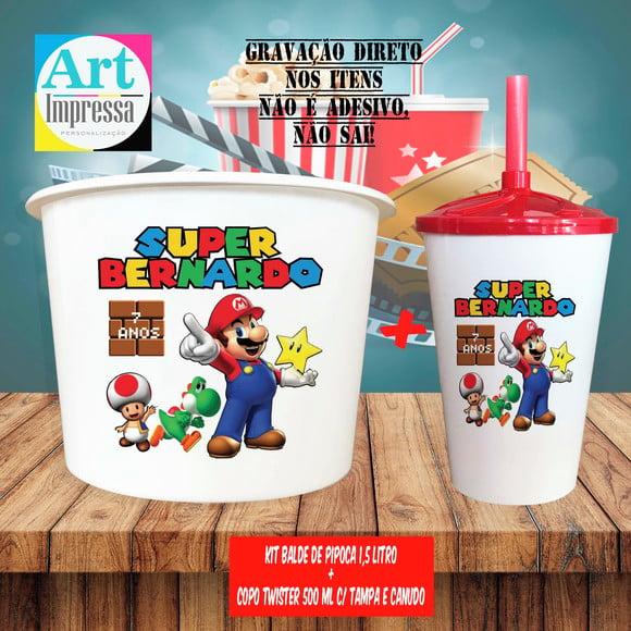 Kit Cinema Lembrancinha Super Mario Balde 1,5L + Copo Twister 500