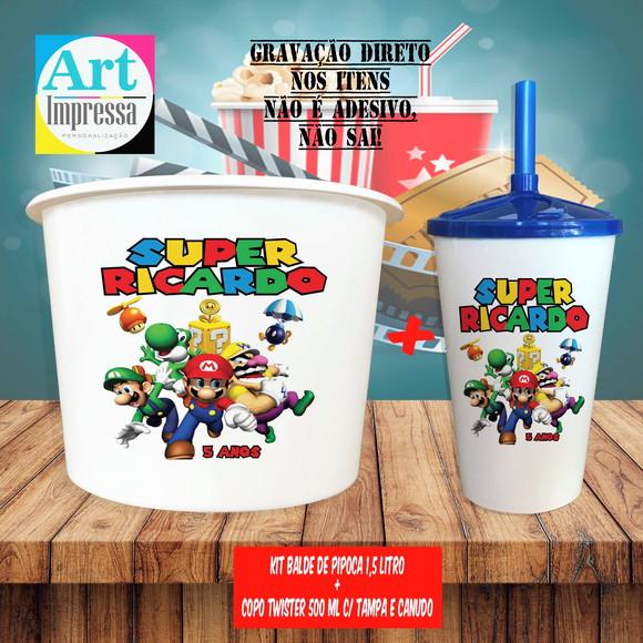 Kit Cinema Lembrancinha Super Mario Balde 1,5L + Copo Twister 500