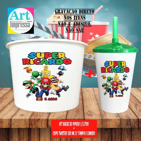 Kit Cinema Lembrancinha Super Mario Balde 1,5L + Copo Twister 500