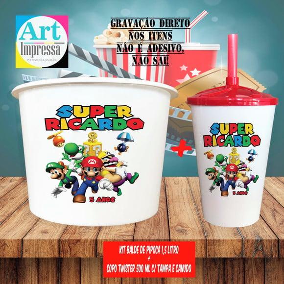 Kit Cinema Lembrancinha Super Mario Balde 1,5L + Copo Twister 500