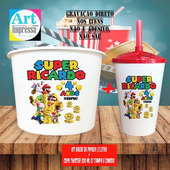 Kit Cinema Lembrancinha Super Mario Balde 1,5L + Copo Twister 500