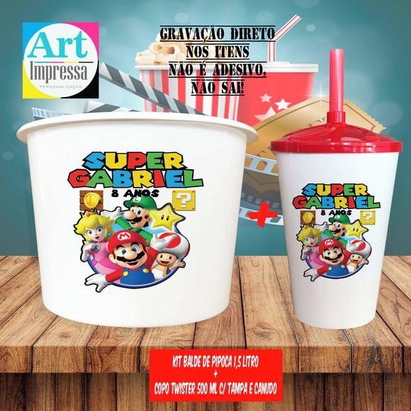 Kit Cinema Lembrancinha Super Mario Balde 1,5L + Copo Twister 500