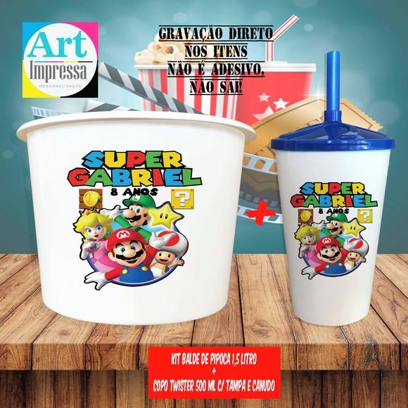 Kit Cinema Lembrancinha Super Mario Balde 1,5L + Copo Twister 500