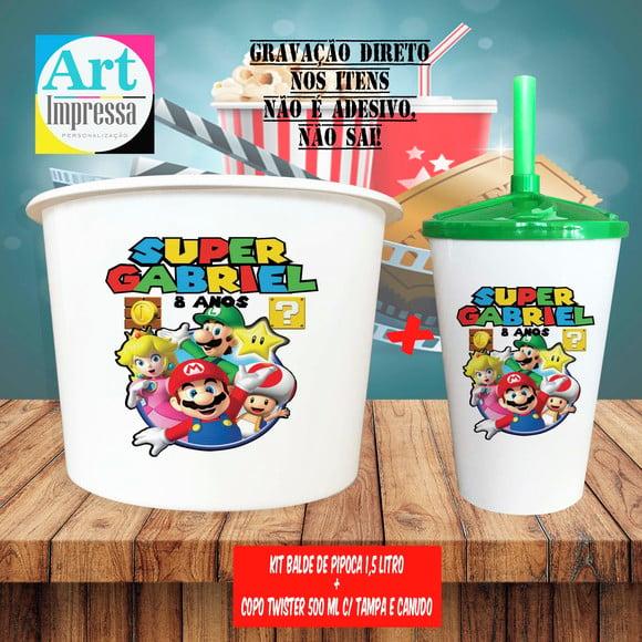 Kit Cinema Lembrancinha Super Mario Balde 1,5L + Copo Twister 500