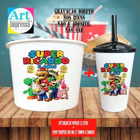 Kit Cinema Lembrancinha Super Mario Balde 1,5L + Copo Twister 500