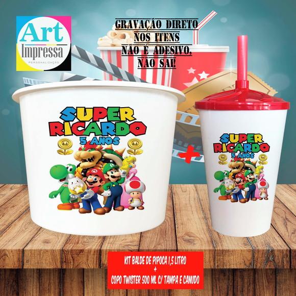 Kit Cinema Lembrancinha Super Mario Balde 1,5L + Copo Twister 500