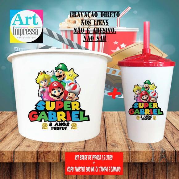Kit Cinema Lembrancinha Super Mario Balde 1,5L + Copo Twister 500